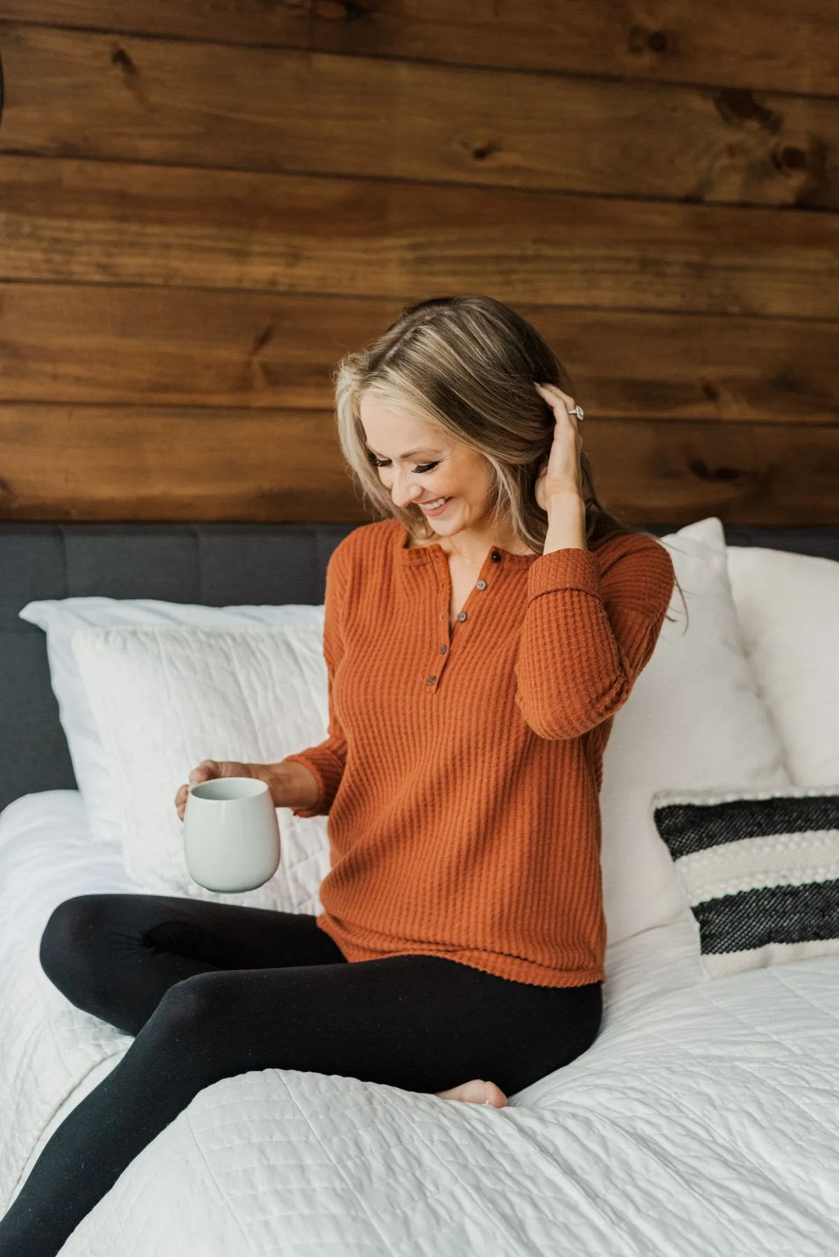 Happy Harvest Waffle Knit Button Top- Copper Orange