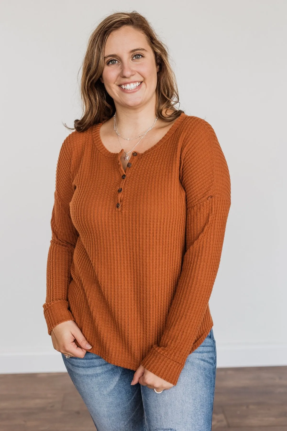 Happy Harvest Waffle Knit Button Top- Copper Orange