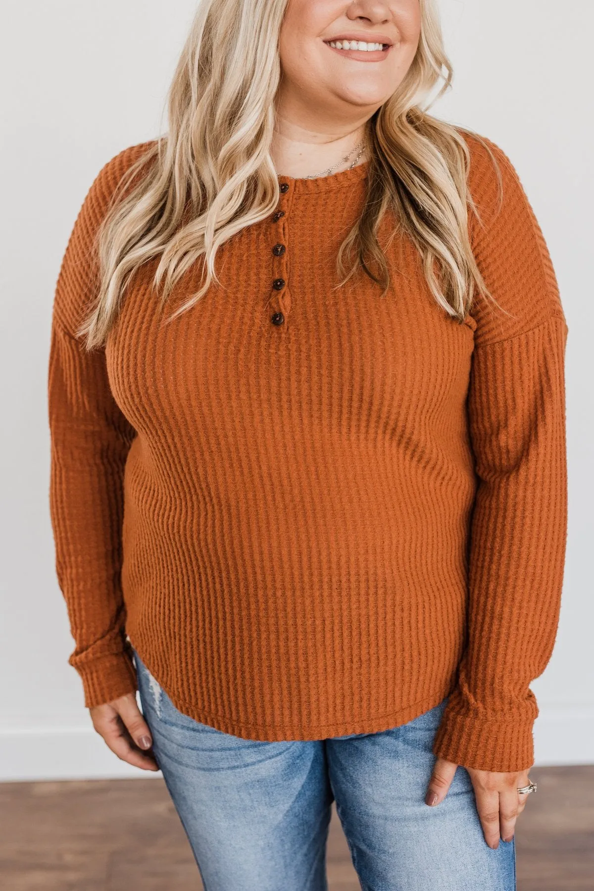 Happy Harvest Waffle Knit Button Top- Copper Orange