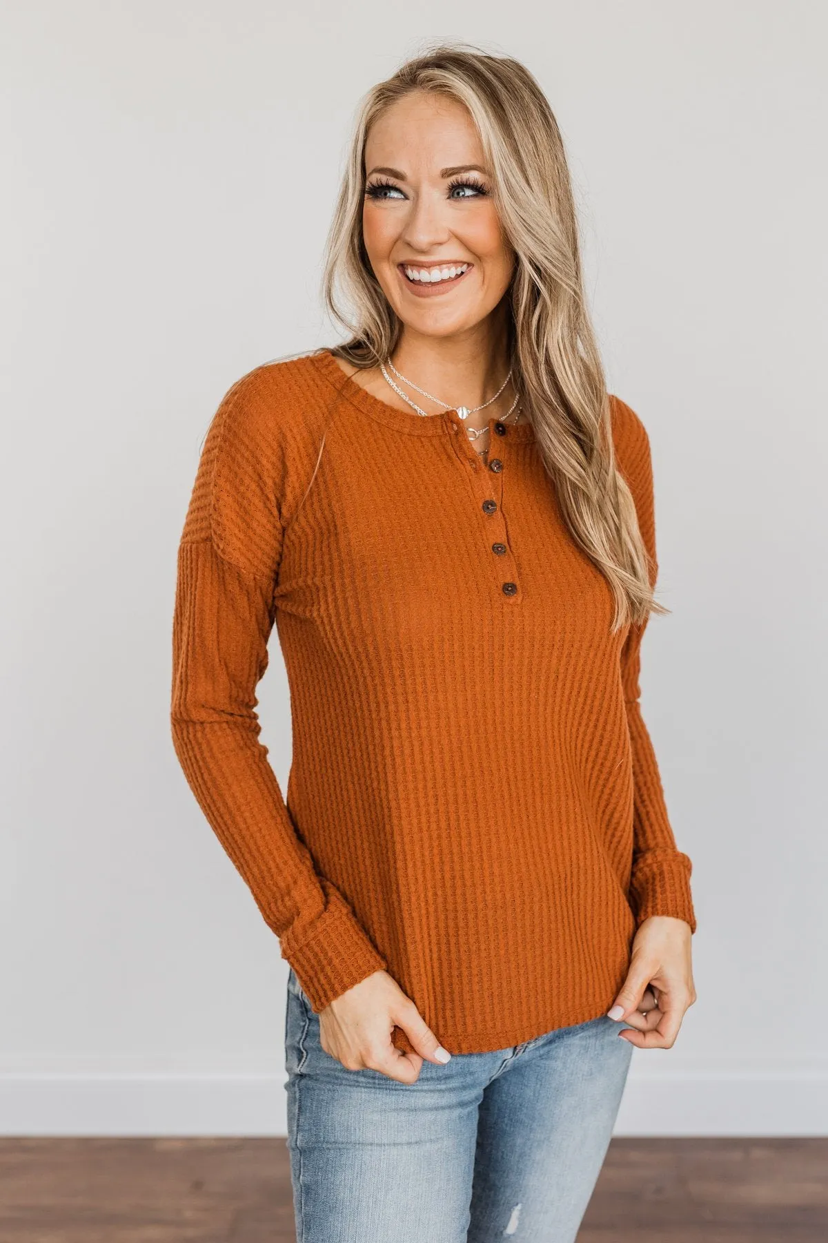 Happy Harvest Waffle Knit Button Top- Copper Orange