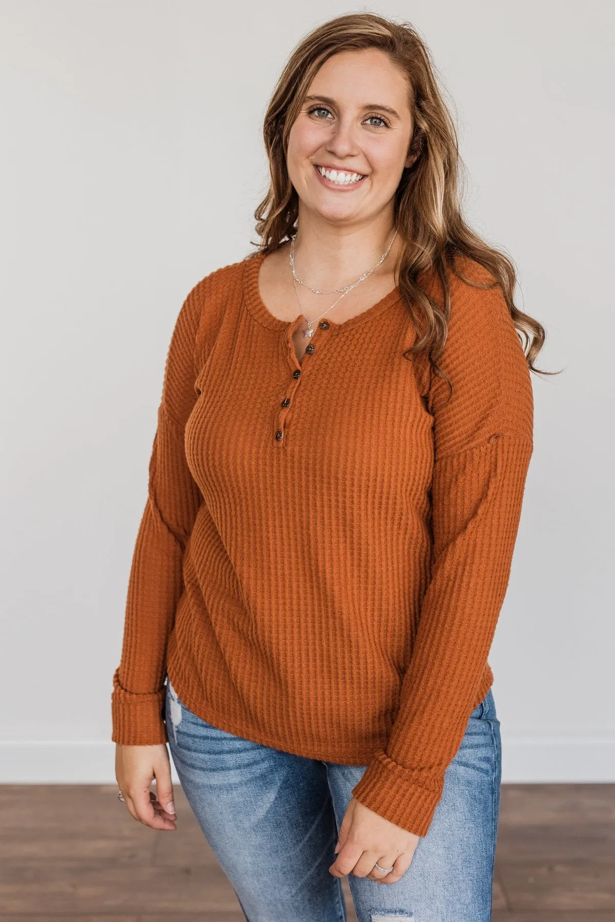 Happy Harvest Waffle Knit Button Top- Copper Orange