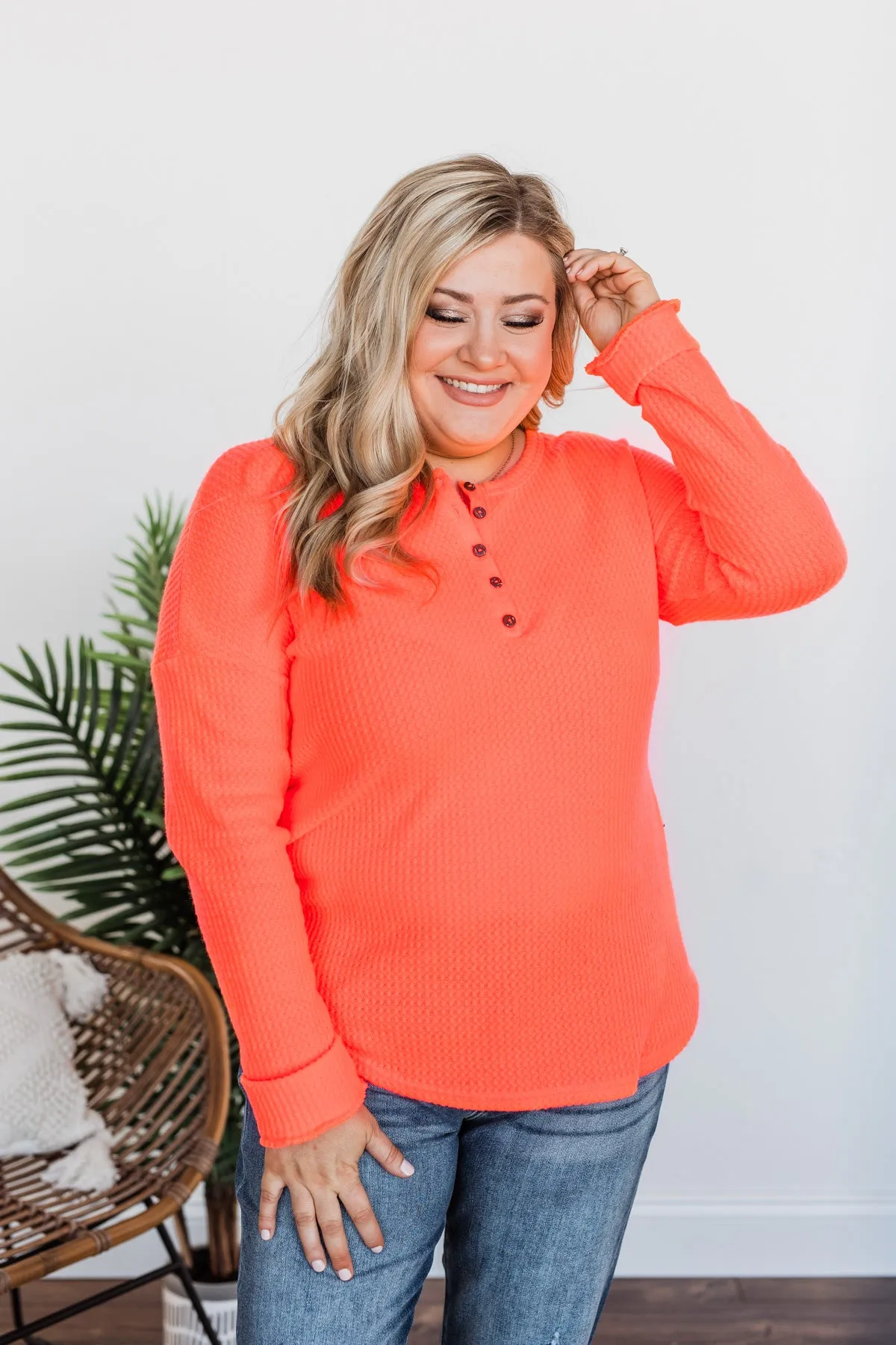 Happy Spring Waffle Knit Button Top- Neon Coral