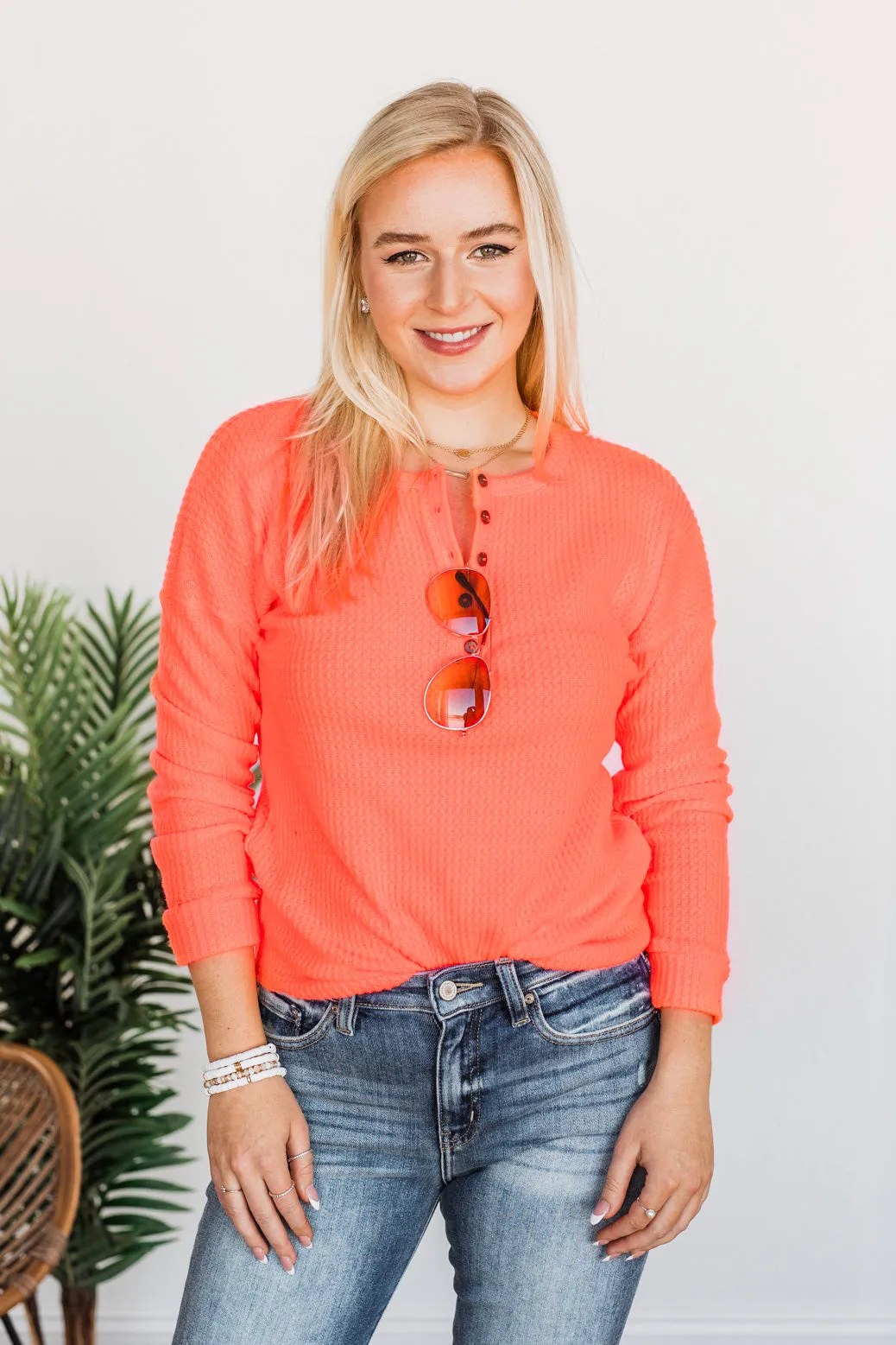 Happy Spring Waffle Knit Button Top- Neon Coral