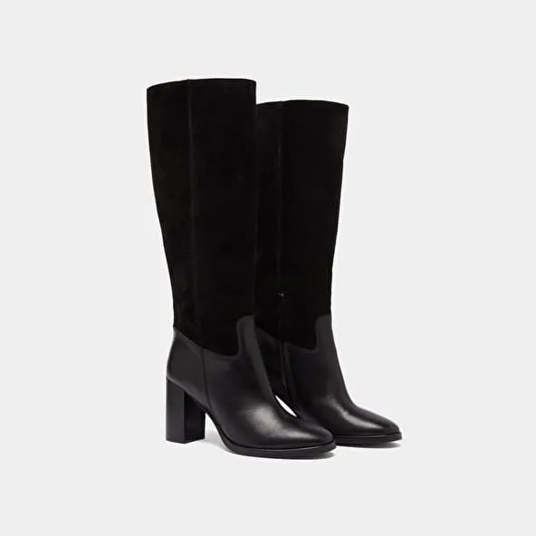 Heeled boots in black suede and black leather