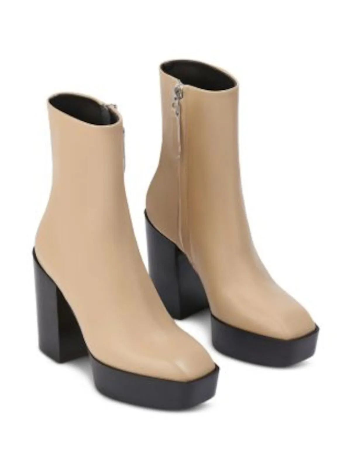 JEFFEREY CAMPBELL Womens Beige 1-1/2 Platform Padded Berlin Square Toe Block Heel Zip-Up Leather Heeled Boots