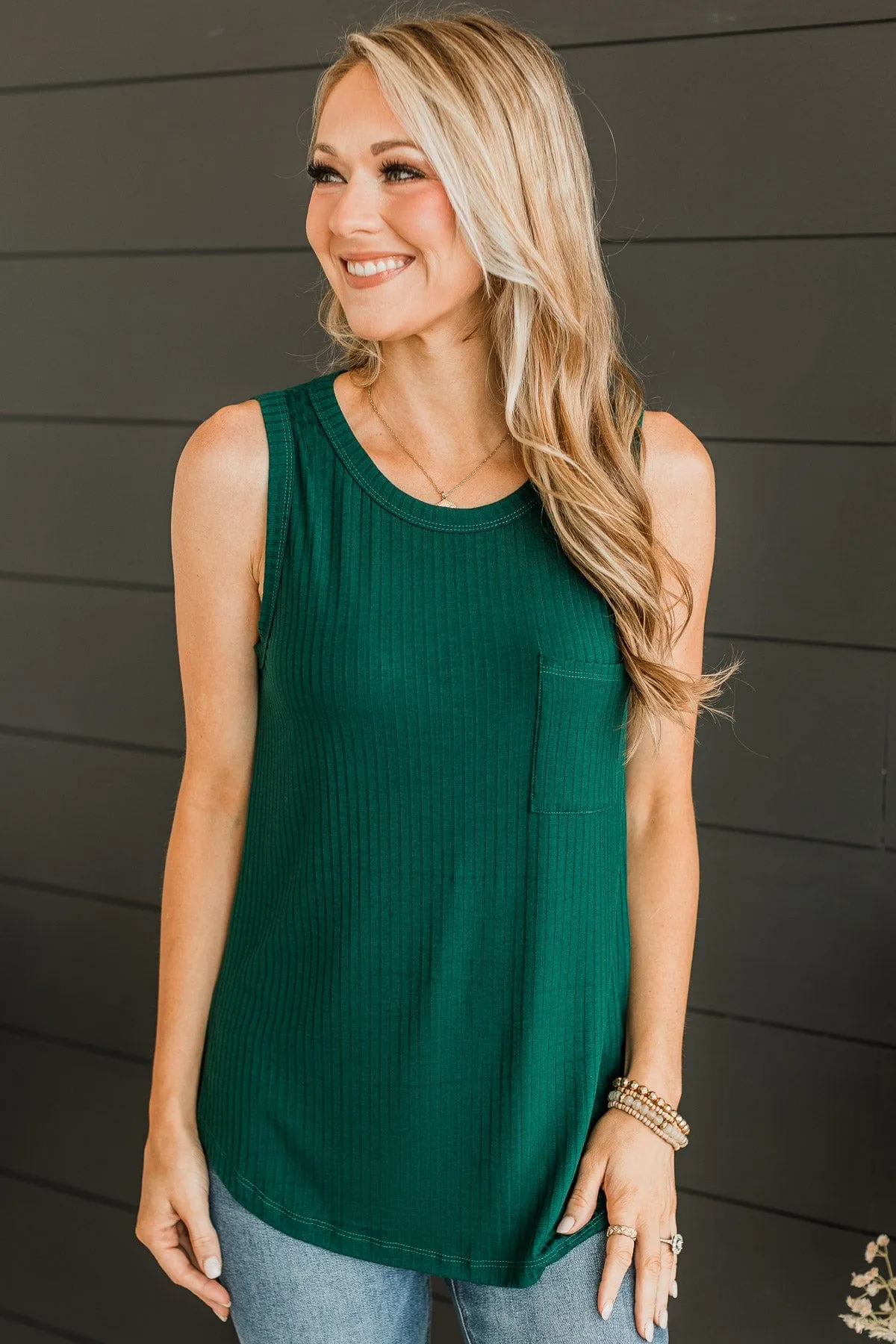 Just Peachy Ribbed Tank Top- Hunter Green