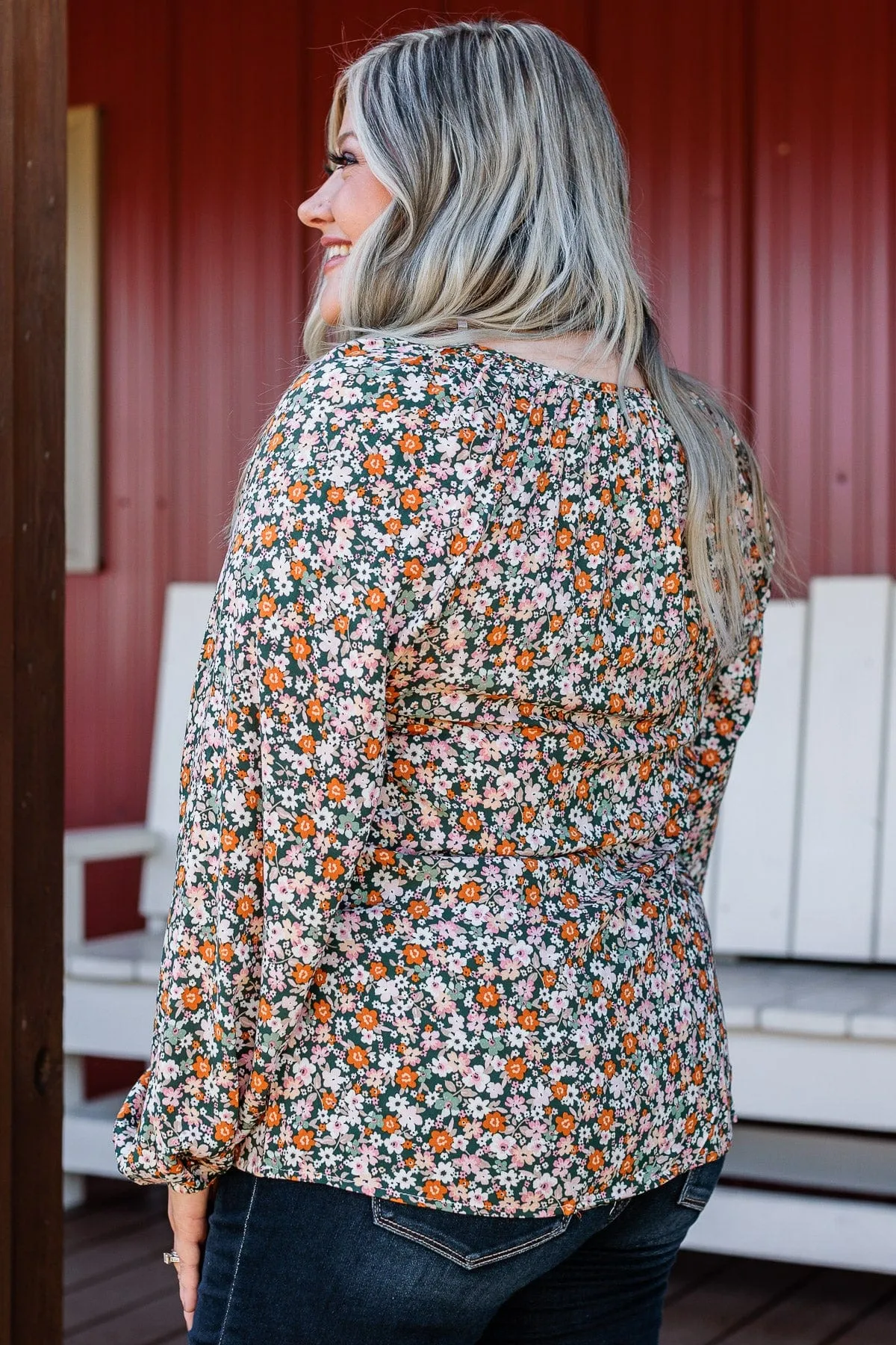 Keeping Dreams Alive Floral Blouse- Hunter Green