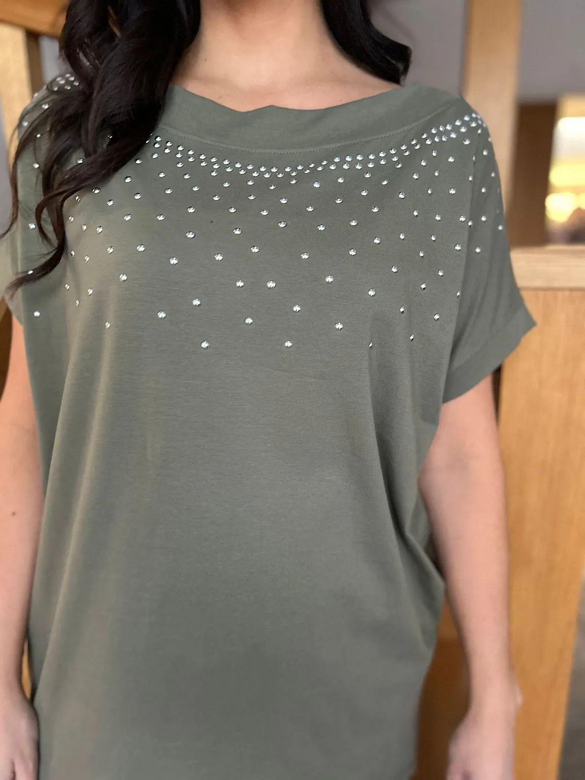 Khaki Round Neck Studded Top Sabrina