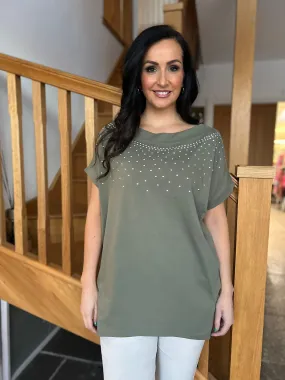 Khaki Round Neck Studded Top Sabrina