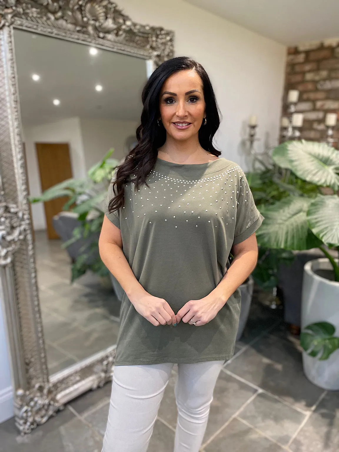 Khaki Round Neck Studded Top Sabrina