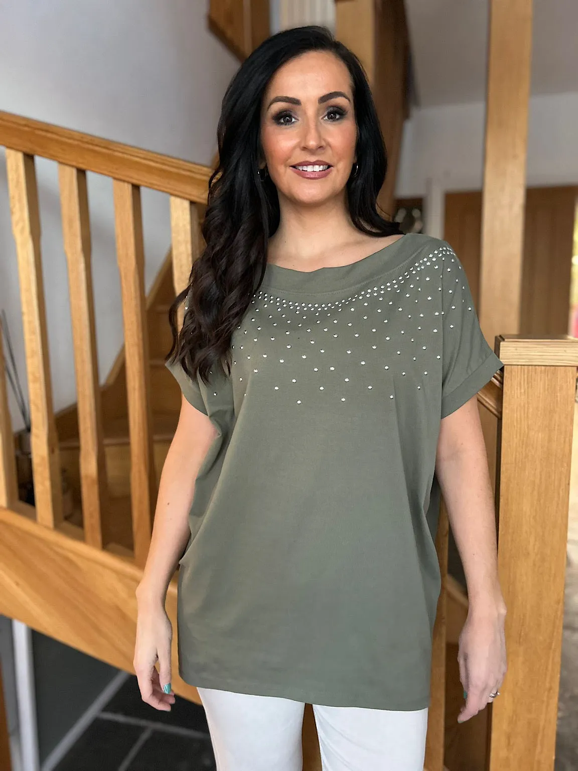 Khaki Round Neck Studded Top Sabrina