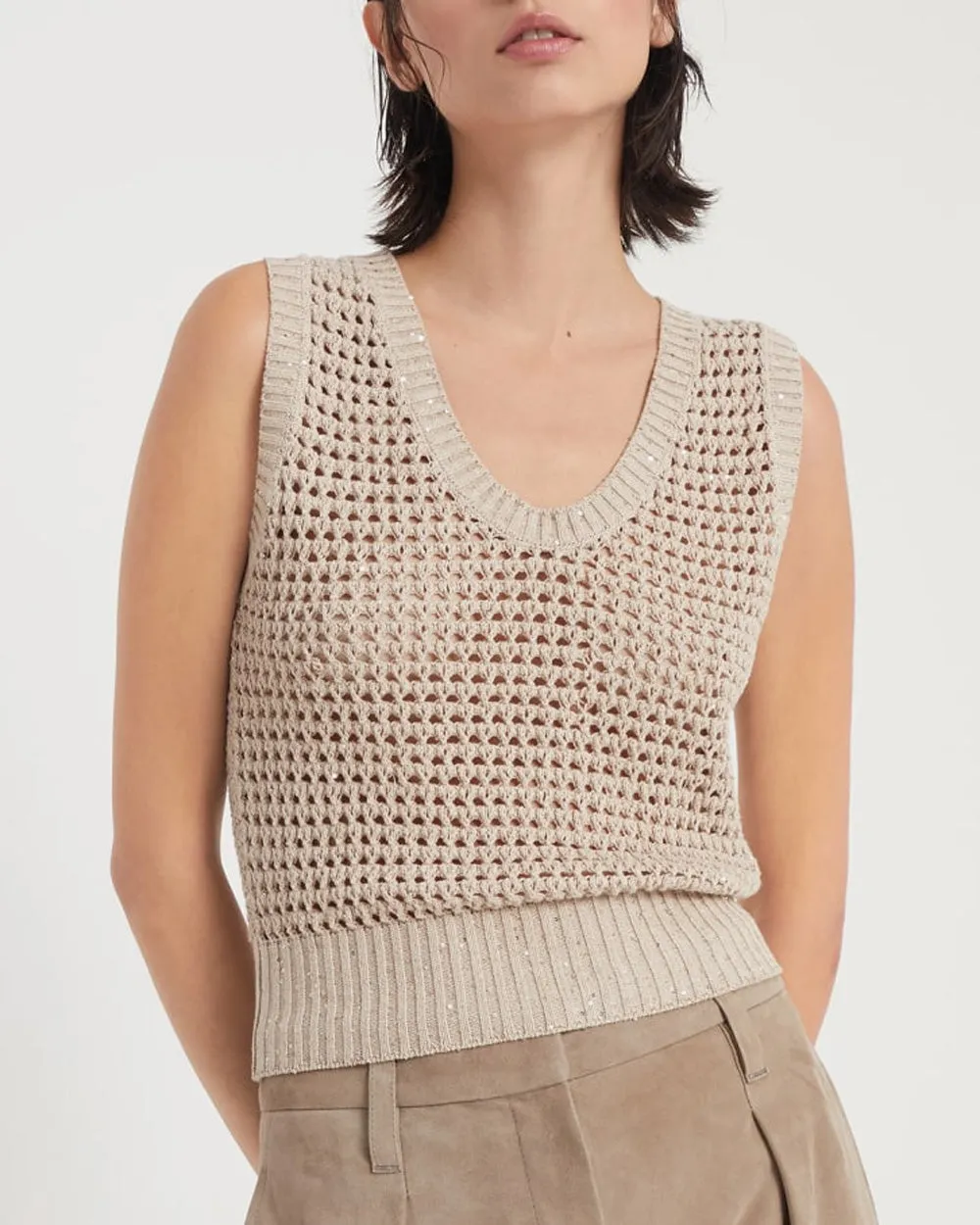 Light Brown Diamante Knit Scoop Neck Tank