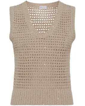 Light Brown Diamante Knit Scoop Neck Tank