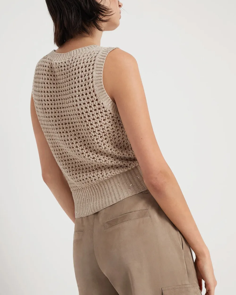 Light Brown Diamante Knit Scoop Neck Tank