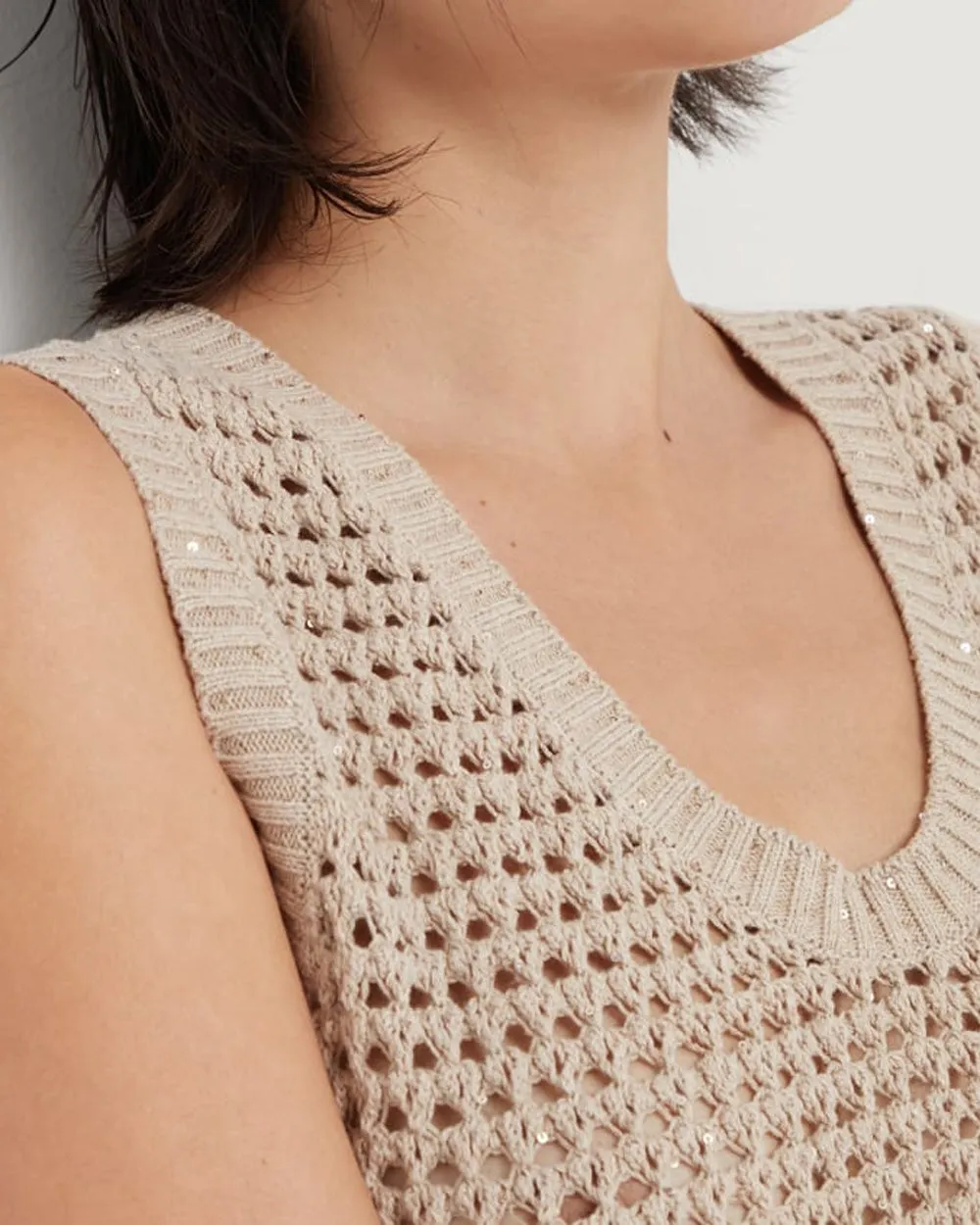 Light Brown Diamante Knit Scoop Neck Tank