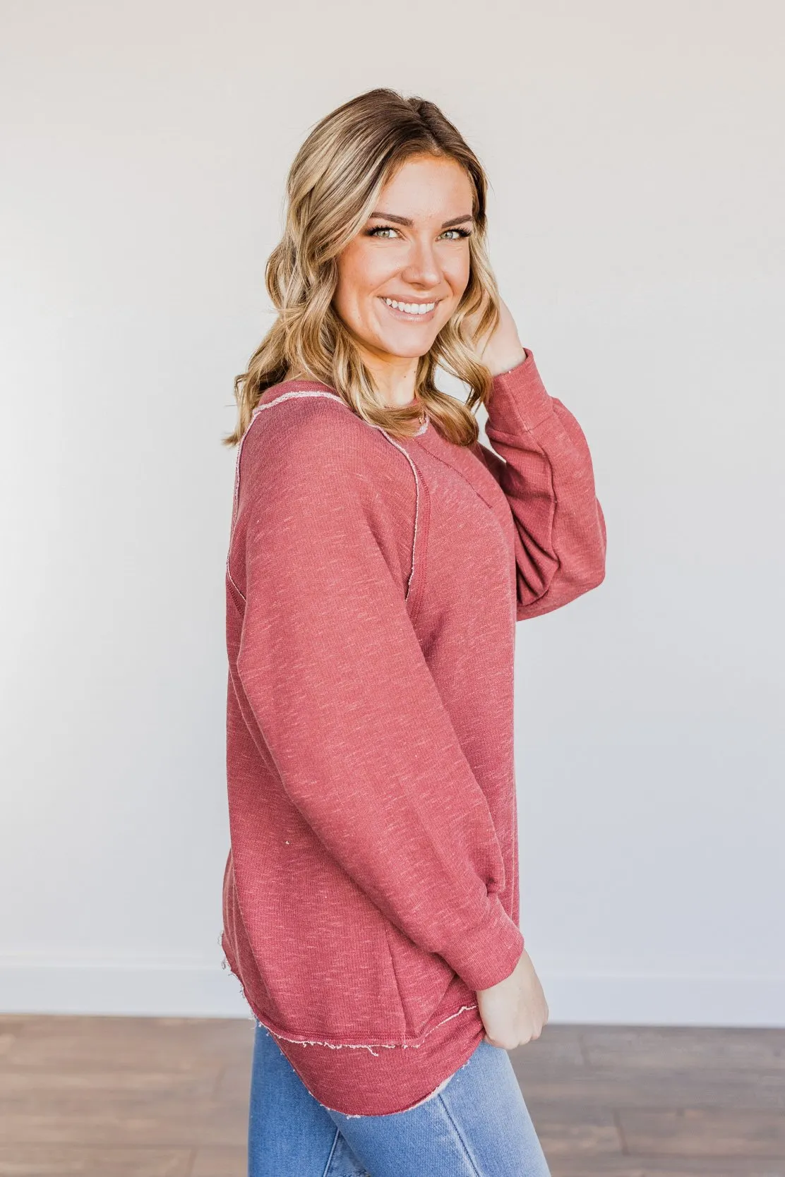 Love Once Lost Raw Hem Long Sleeve Top- Red