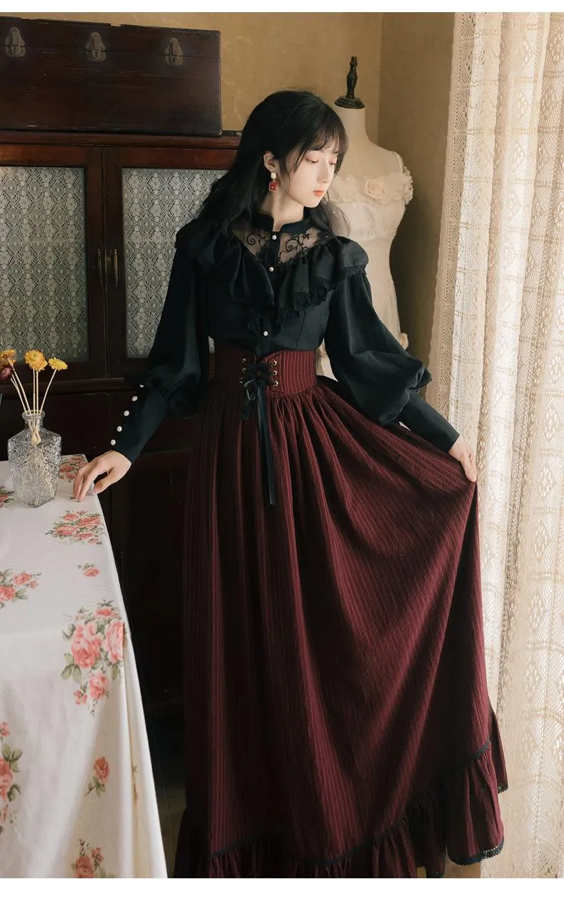 Make a Statement with Our Gothic Two Piece Fall Black Long Sleeve Blouse Top Bandage Striped Skirt