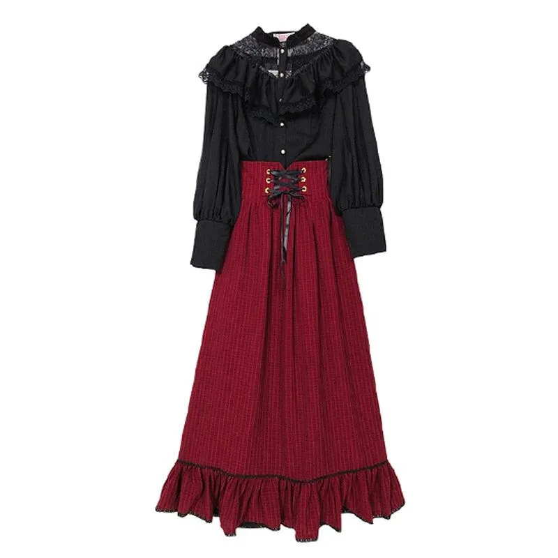 Make a Statement with Our Gothic Two Piece Fall Black Long Sleeve Blouse Top Bandage Striped Skirt