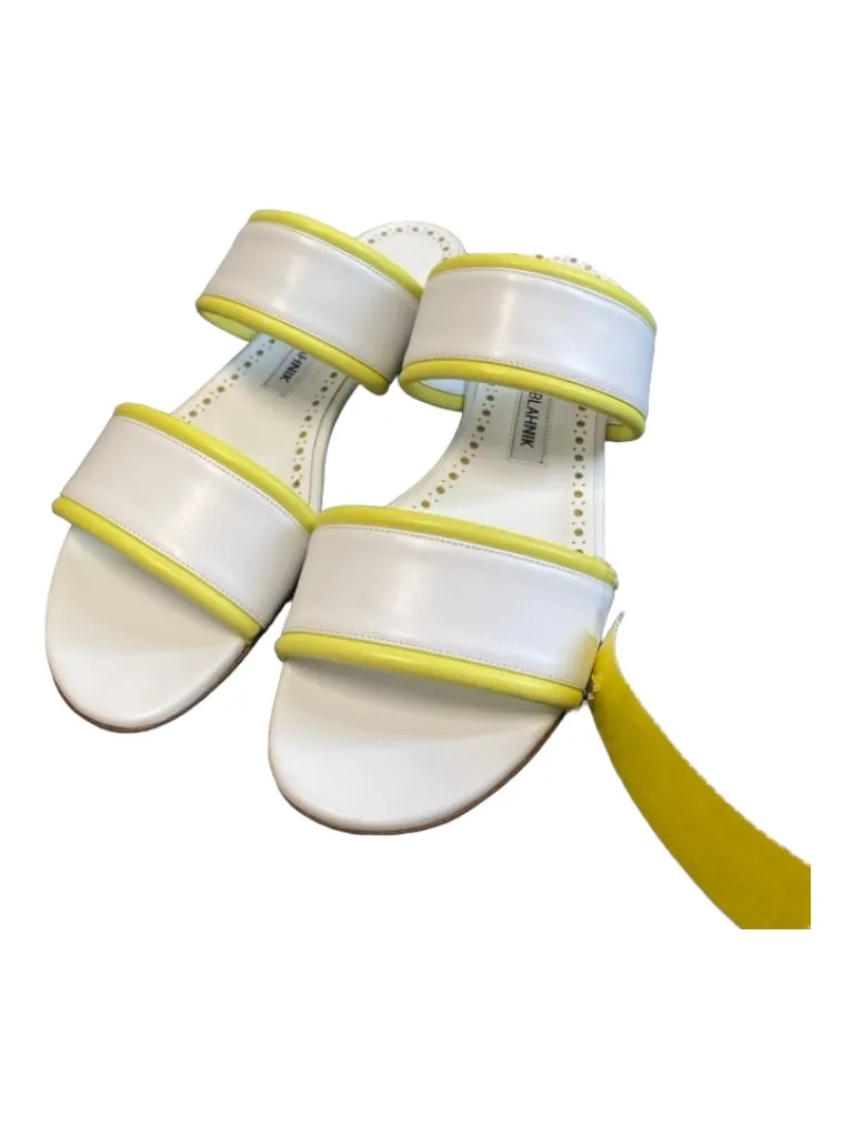 Manolo Blahnik Shoe Size 38 White & yellow Leather Slides Trim Detail Shoes