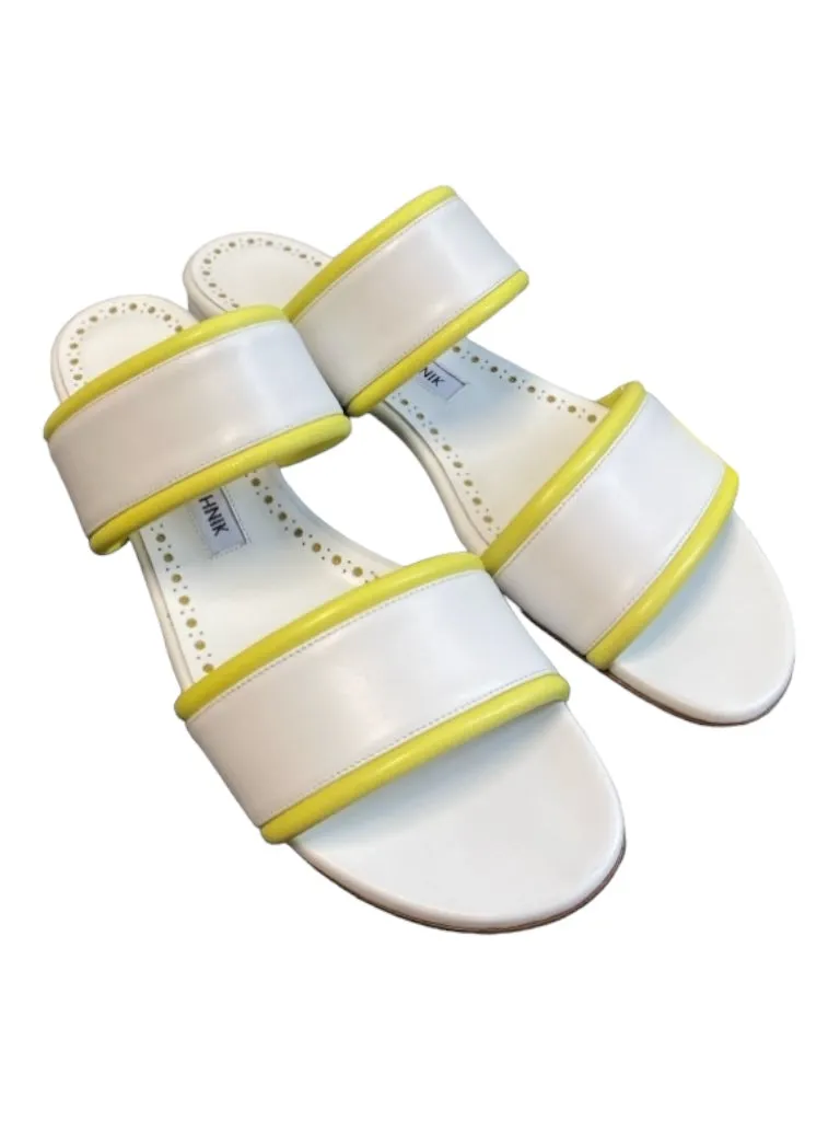 Manolo Blahnik Shoe Size 38 White & yellow Leather Slides Trim Detail Shoes