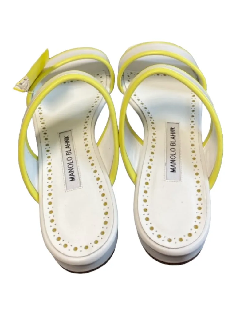 Manolo Blahnik Shoe Size 38 White & yellow Leather Slides Trim Detail Shoes