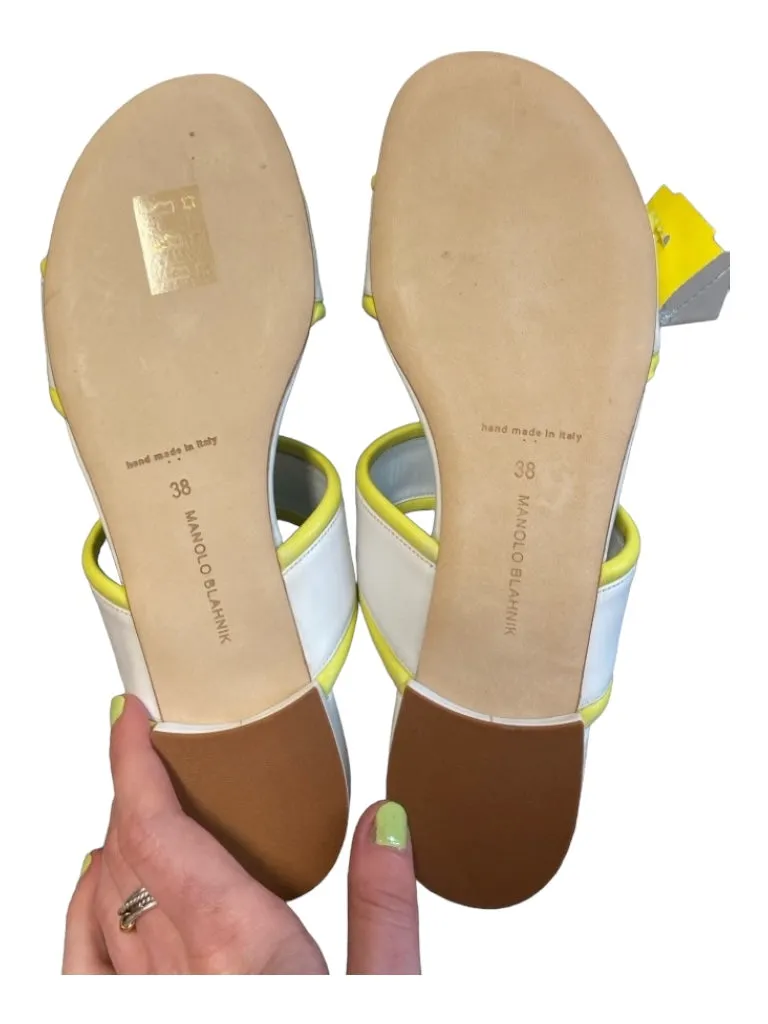 Manolo Blahnik Shoe Size 38 White & yellow Leather Slides Trim Detail Shoes