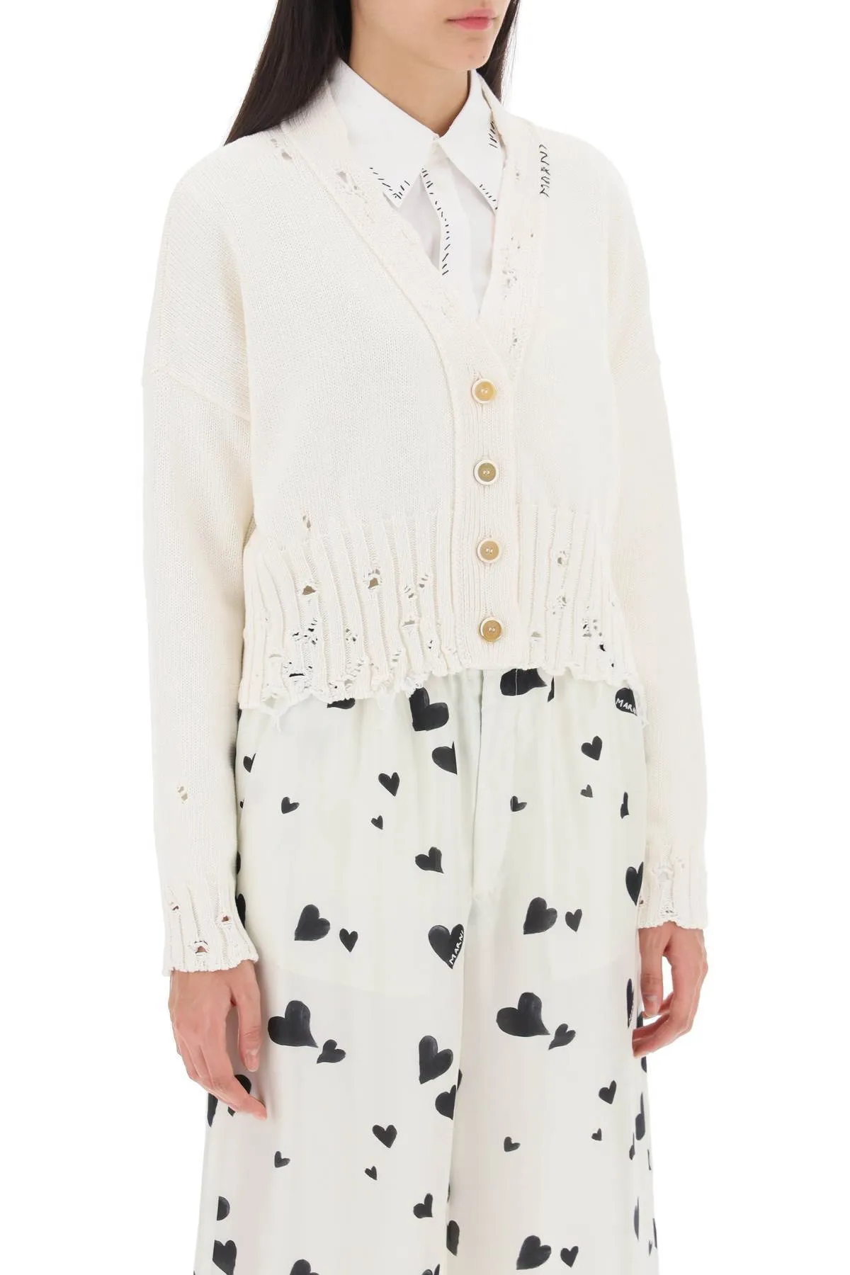 MARNI  |White dishevelled cotton cropped cardigan