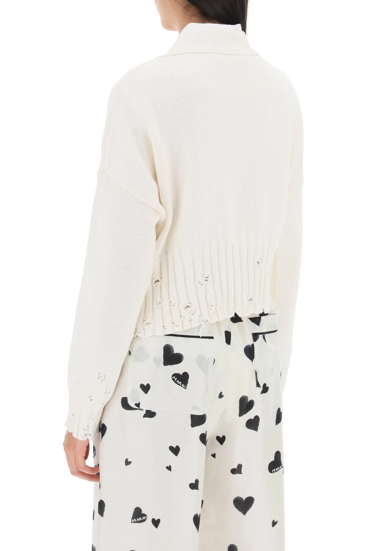 MARNI  |White dishevelled cotton cropped cardigan