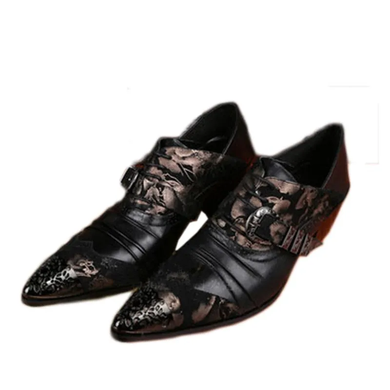 Men's Japanese Style Leather Floral Buckle Pointed Toe Dress Shoes