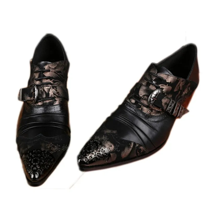 Men's Japanese Style Leather Floral Buckle Pointed Toe Dress Shoes