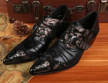 Men's Japanese Style Leather Floral Buckle Pointed Toe Dress Shoes