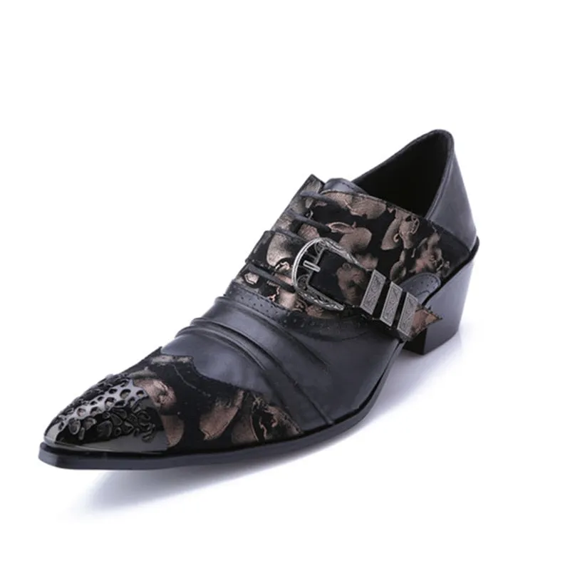 Men's Japanese Style Leather Floral Buckle Pointed Toe Dress Shoes