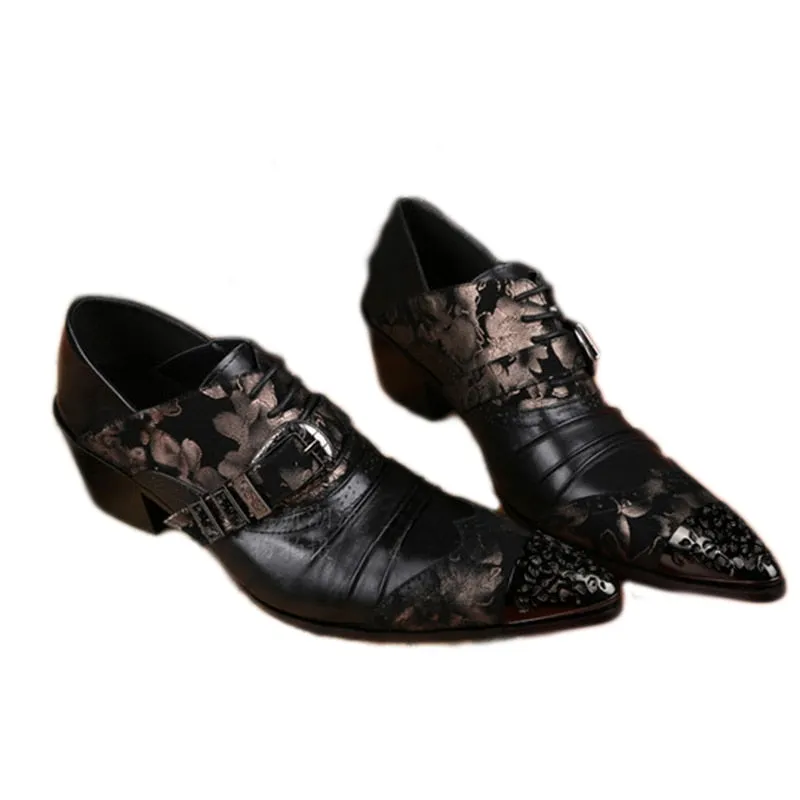 Men's Japanese Style Leather Floral Buckle Pointed Toe Dress Shoes