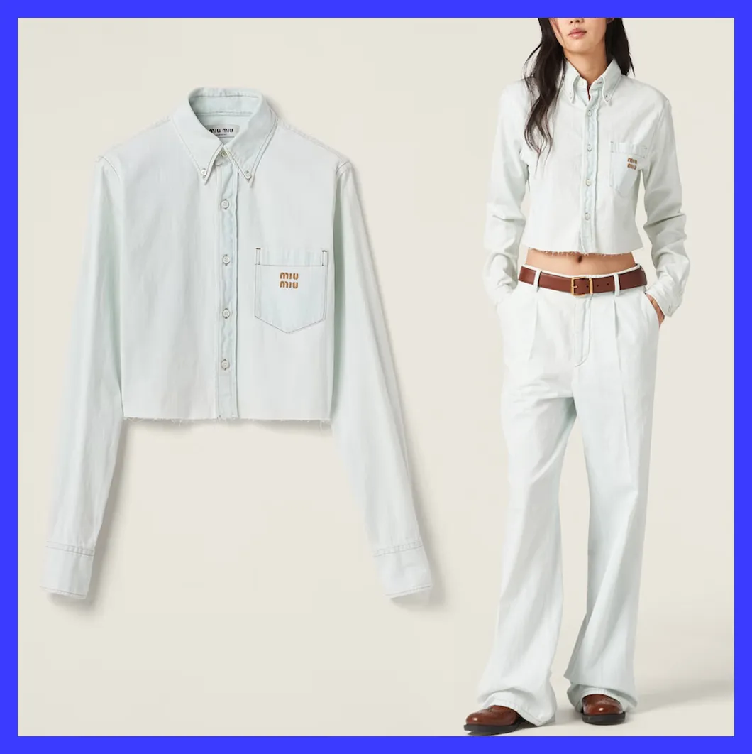 MiuMiu  |Denim Long Sleeves Plain Cotton Logo Shirts & Blouses