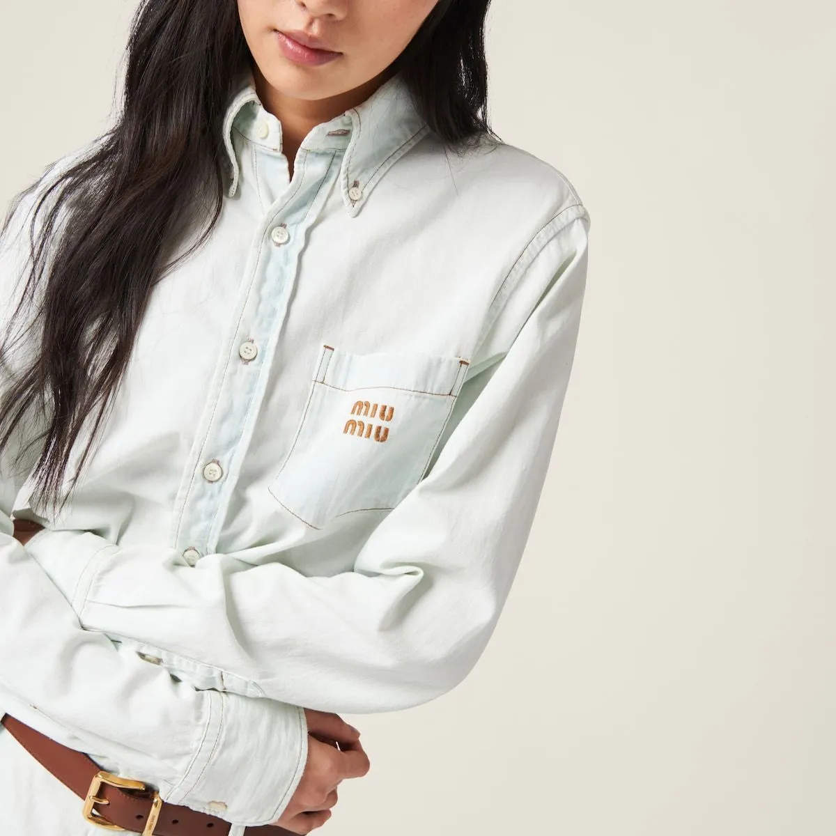 MiuMiu  |Denim Long Sleeves Plain Cotton Logo Shirts & Blouses