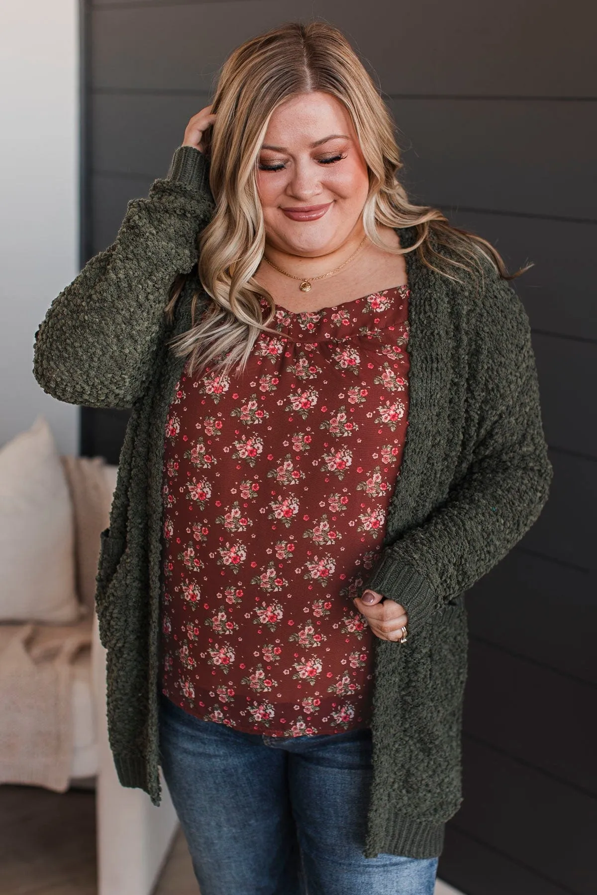 Movie Date Popcorn Knit Cardigan- Dark Olive