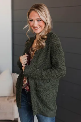 Movie Date Popcorn Knit Cardigan- Dark Olive