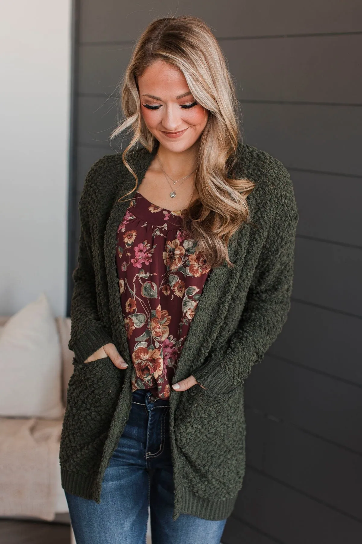 Movie Date Popcorn Knit Cardigan- Dark Olive