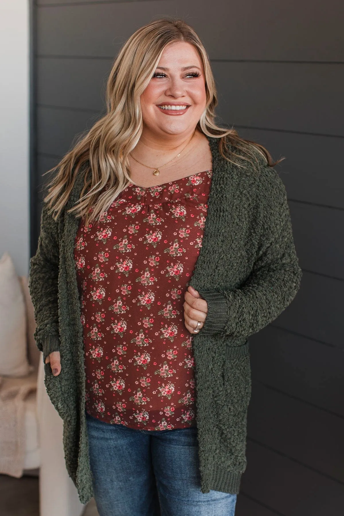 Movie Date Popcorn Knit Cardigan- Dark Olive