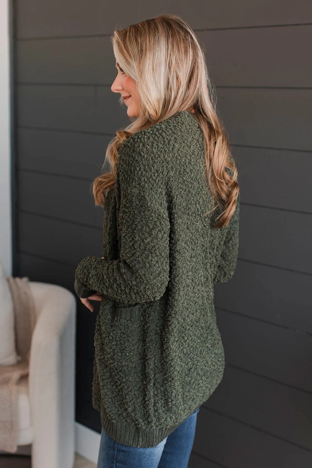 Movie Date Popcorn Knit Cardigan- Dark Olive