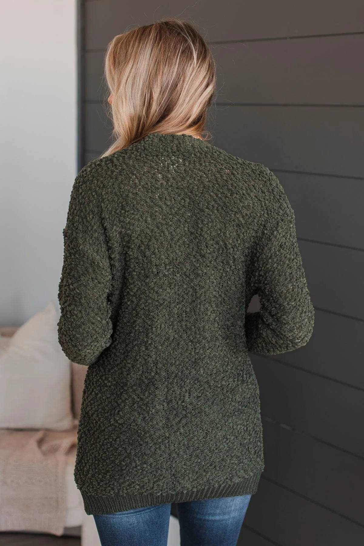 Movie Date Popcorn Knit Cardigan- Dark Olive