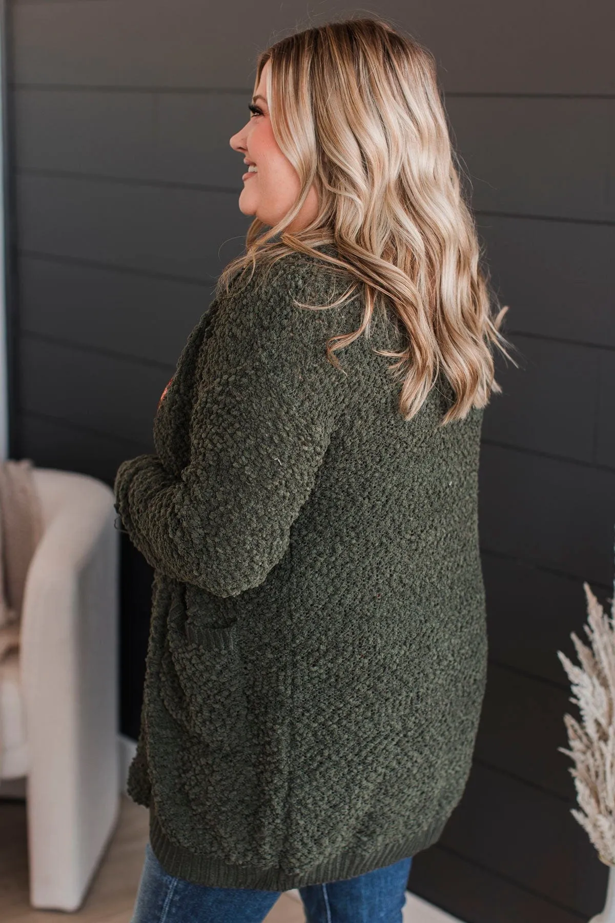 Movie Date Popcorn Knit Cardigan- Dark Olive