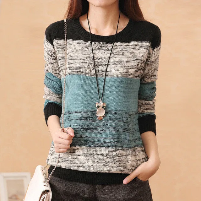 New Fashion Female Pullovers Knitted Long Sleeve O-neck Winter Autumn Patchwork Sweaters Hot  71978 GS