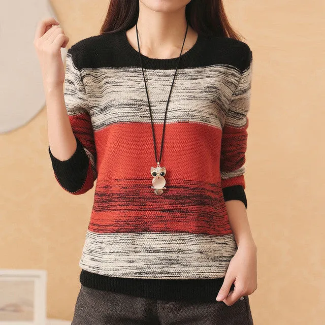 New Fashion Female Pullovers Knitted Long Sleeve O-neck Winter Autumn Patchwork Sweaters Hot  71978 GS