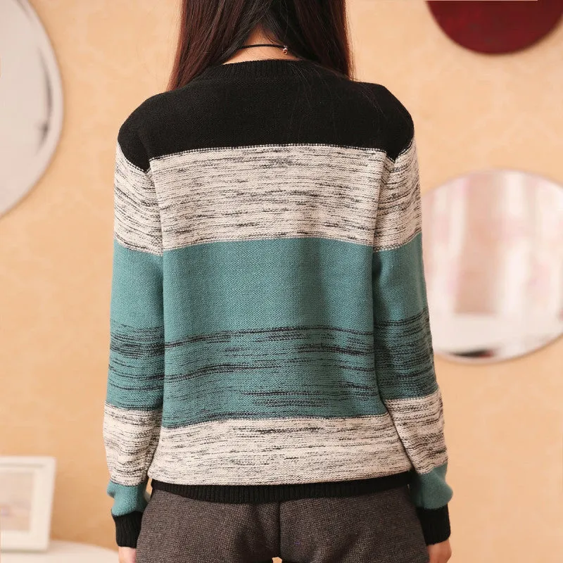 New Fashion Female Pullovers Knitted Long Sleeve O-neck Winter Autumn Patchwork Sweaters Hot  71978 GS