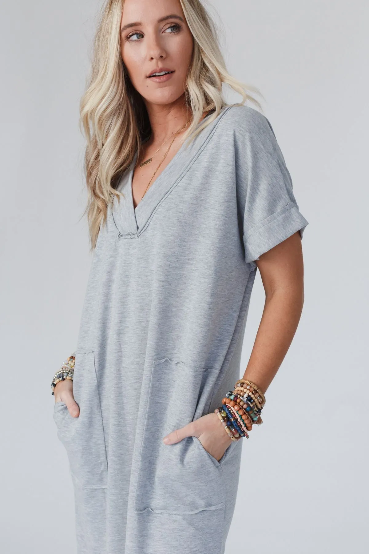 On The Go Round Hem Pocketed Midi Dress - Heather Gray