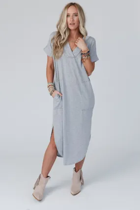 On The Go Round Hem Pocketed Midi Dress - Heather Gray