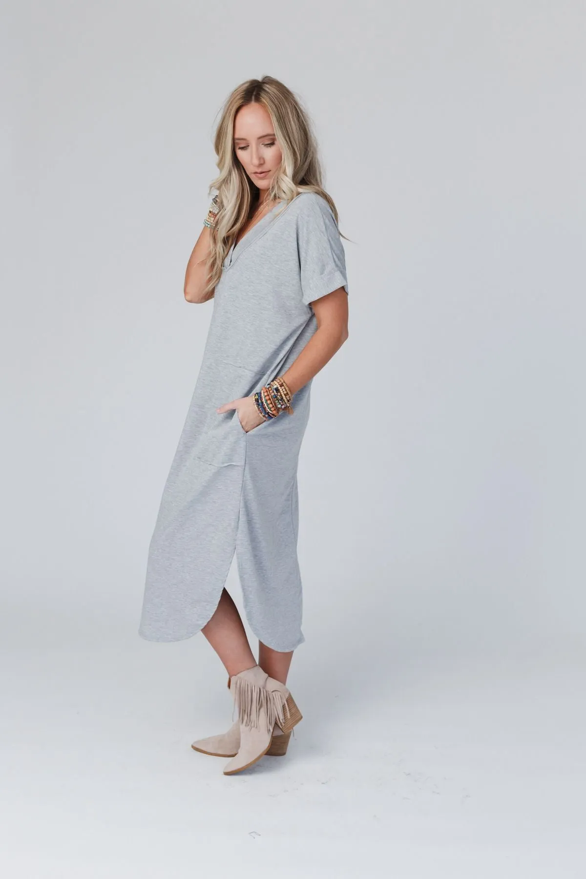 On The Go Round Hem Pocketed Midi Dress - Heather Gray