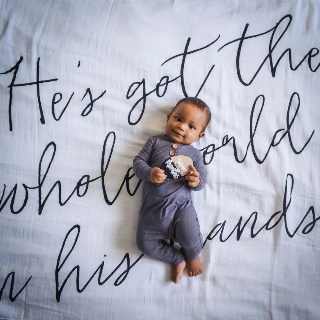 Organic Swaddle + Wall Art -  He's got the whole world in his hands