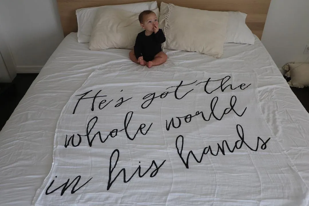 Organic Swaddle + Wall Art -  He's got the whole world in his hands